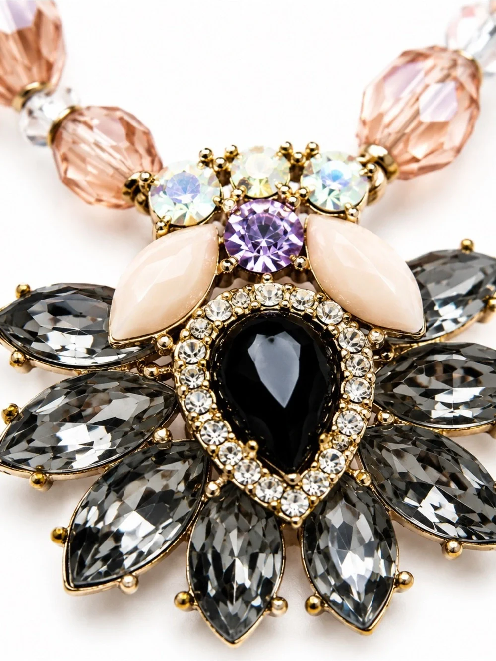 Vintage Style Blue Crystal Statement Bib Necklace Pink Beaded Floral Rhinestone